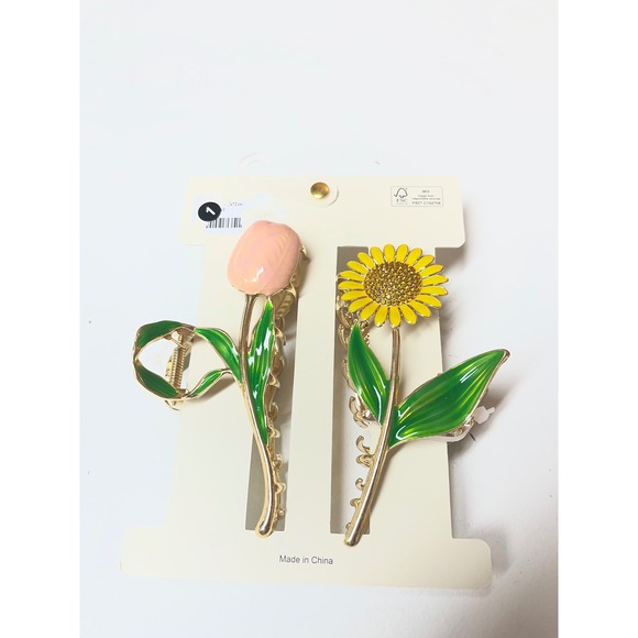 Piper.k Floral Hair Claw Clips Set Sunflower Tulip Enamel Gold Tone 2 Piece NEW - Picture 2 of 3